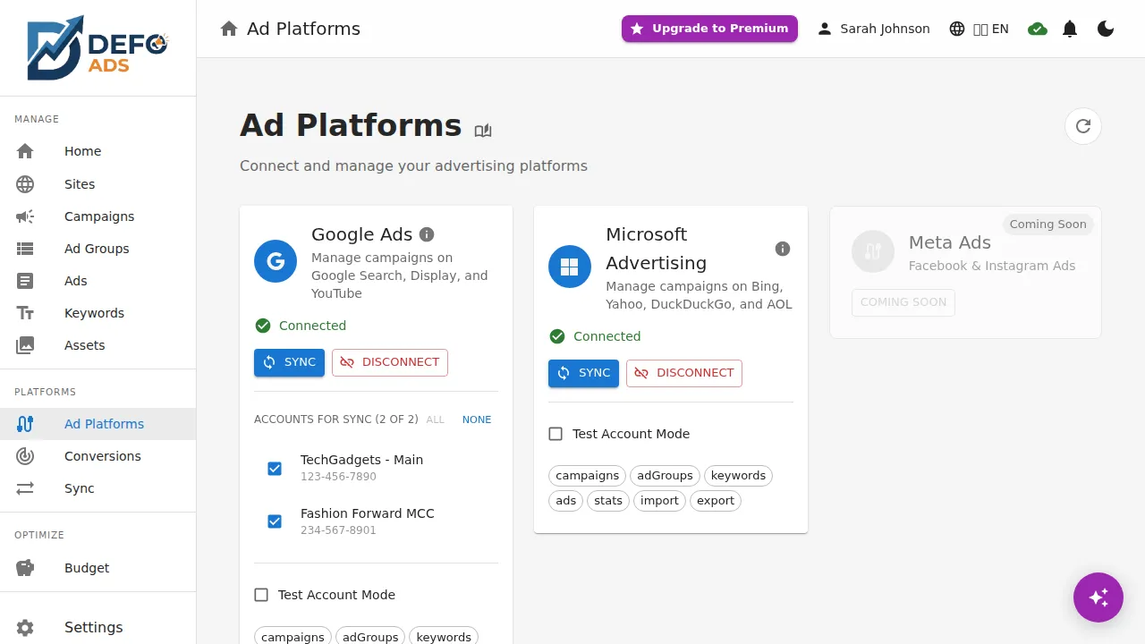 Ad Platforms page — Google Ads and Microsoft Advertising connected, Meta Ads coming soon