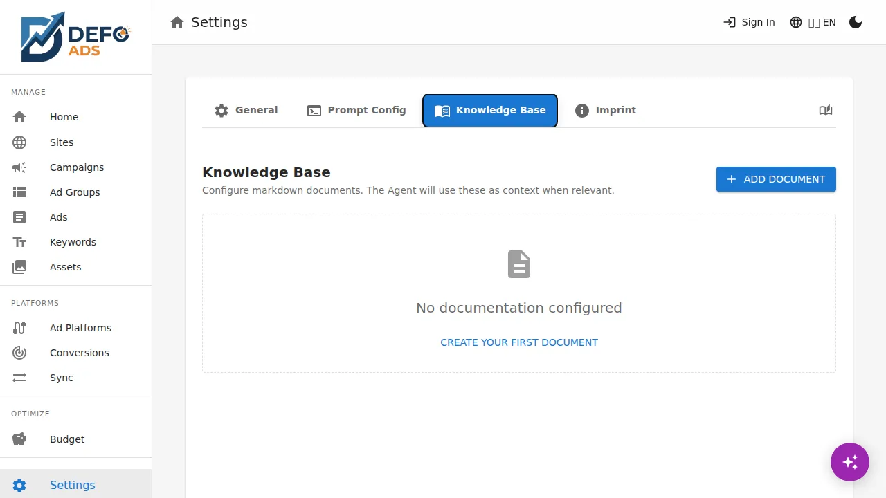 Knowledge base tab in settings