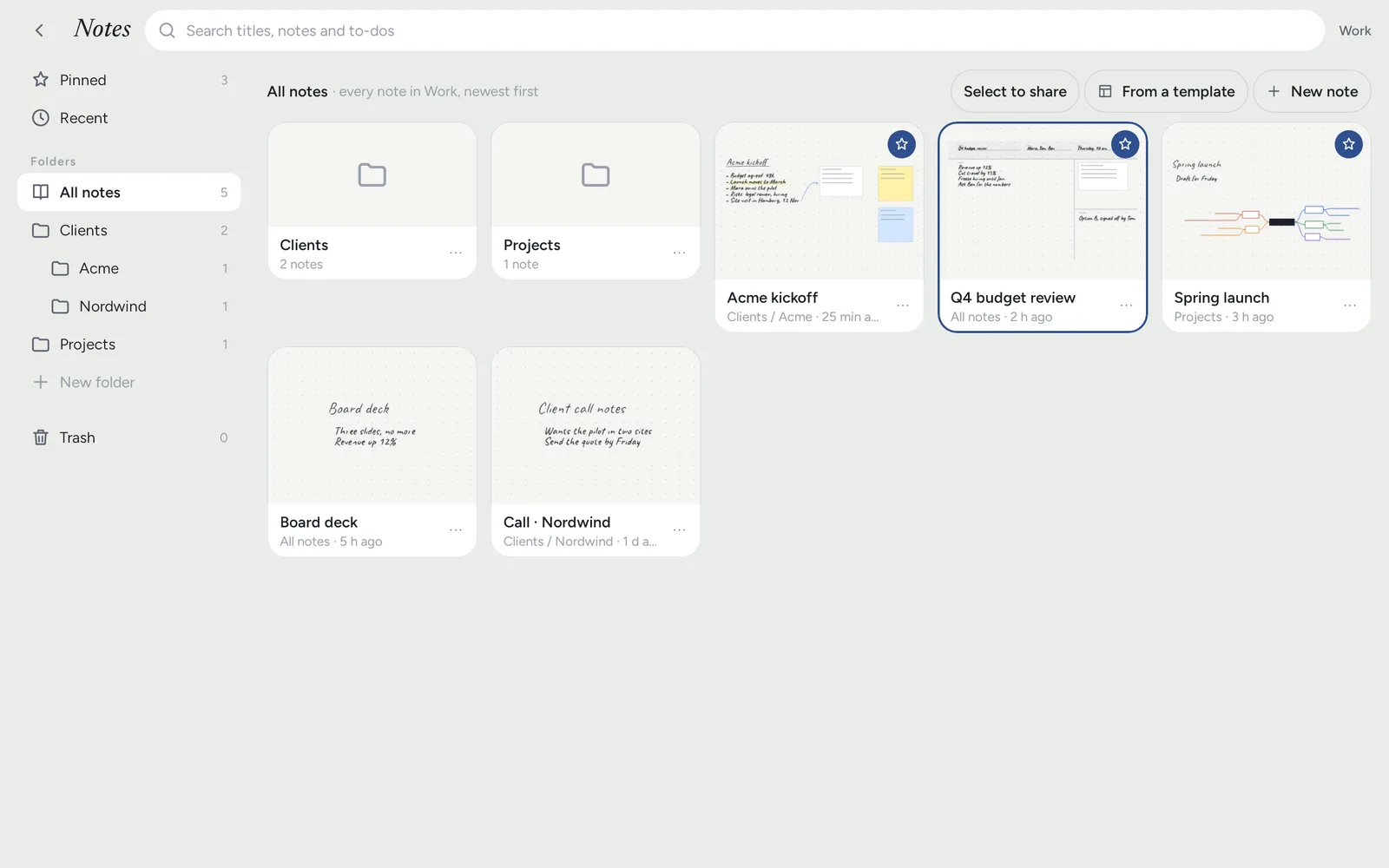 The Notes library: folders for clients and projects, pinned notes with previews, recent notes and search.